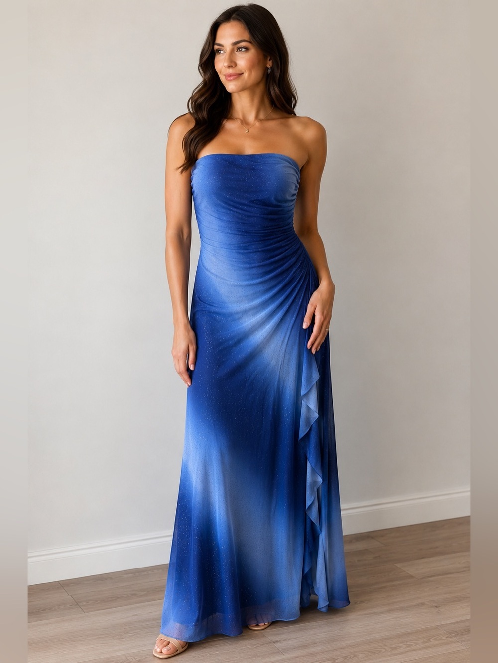 Strapless Blue Sparkle Ombre Evening Gown Size M Wedding Formal Cruise Cocktail